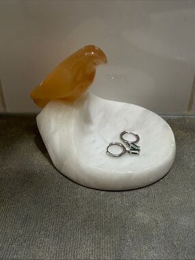 Vintage Russian Folk Art Selenite Stone Ashtray Small Bird Sparrow Figurine